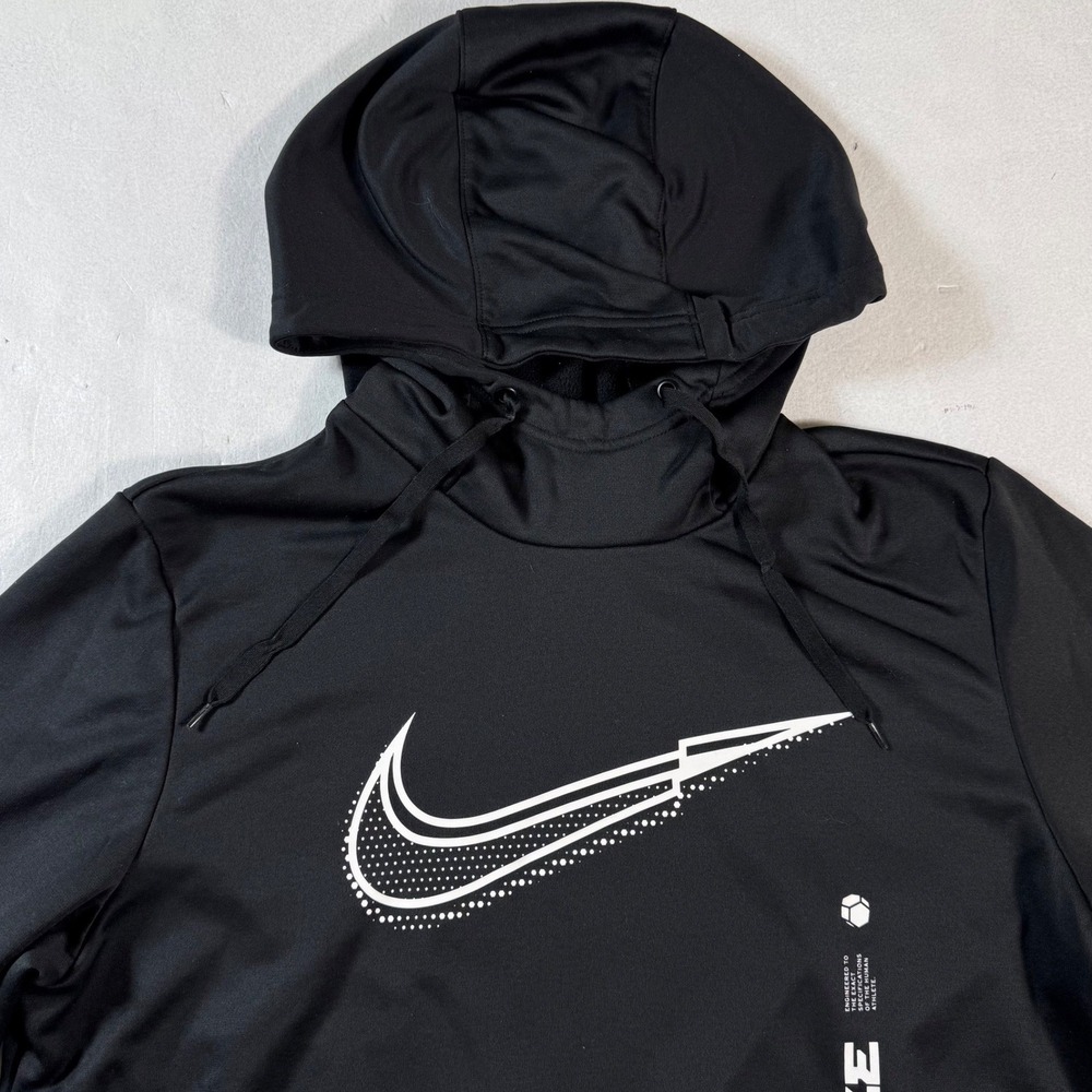 Nike Therma Fit Hoodie Mens Large Big Center Swoosh Black Pullover VTG